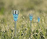 3 x MOSAIK LED-Solar-Garten-Leuchte-Lampe, Edelstahl, Mosaik-Glas blau, H: 37 cm, D: 7,2cm, Blumentopf-Wege-Party-Dekorations-Stimmungs-Leuchte-Lampe (Blau)