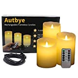 Autbye Flammenlose Elektrische Kerzen Wiederaufladbarer Batterie 3 Stück Tropfloses Echtes Wachs Säulen LED Flackern 10-Tasten-Fernbedienung