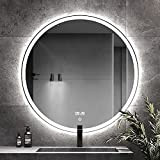 Badspiegel mit Beleuchtung, 70x70cm Badezimmer Wandspiegel mit Touch-Schalter+Uhr, Anti-Beschlag, Memory-Funktion, DREI Licht Farbtemperatur, Wasserdicht IP44