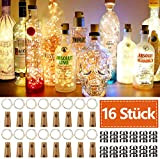 JRing 16 Stück Flaschen-Licht 20 LEDs 2M Flaschenlicht Warmweiß Lichterkette korken Stimmungslichter Weinflasche Nacht Licht für Flasche DIY, Party, Garten, ...