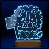 Löwe Schlummerlicht LED Lampe aus Acrylglas mit Holzsockel | Nachtlicht Kinder mit individueller Gravur | Tolles Geschenk für Kinder zB ...