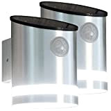 Lunartec LED-Solarwandleuchte: 2er-Set Solar-LED-Wandleuchten mit Bewegungssensor, Edelstahl, 50 lm (Solarlampe Bewegungssensor)