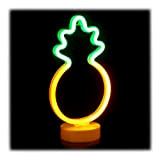 Relaxdays LED Neonlicht Ananas, dekoratives Neonzeichen, Tisch, Batterie, Partydeko & Nachtlicht, H: 30 cm, orange/grün