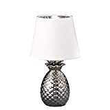 Tischlampe Silber Keramik Tischleuchte, LED Warmweiß 5W 470lm, Textil-Schirm Weiß, Nachttischlampe, Leselampe, Ananas-Design, H 35 cm