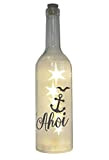 WB wohn trends LED-Flasche mit Motiv, AHOI Anker Möwe maritim, grau, 29cm, Flaschen-Licht Glitzer-Flasche Leuchtflasche Lampe mit Text Spruch